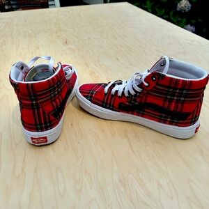 Vans custom designed high top sneakers, red/black plaid- used great condition